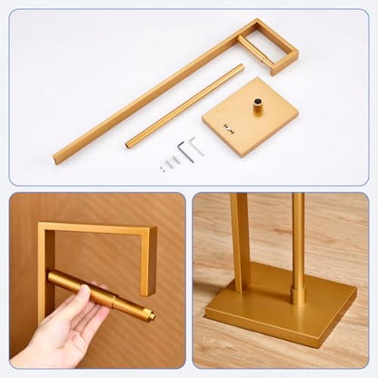 Free Standing Toilet Paper Holder with Reserve, Gold Bathroom Stainless Steel Tissue Paper Roll Dispenser Stand with Storage - color: Gold