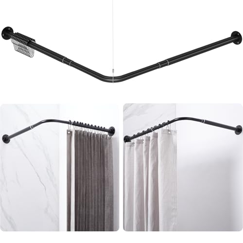 L Shaped Corner Shower Curtain Rod, 24.3" - 48" x 24.3" - 48" Adjustable 90 Degree Right Angled Shower Rod Square Curtain Rail for Bathroom Bathtub with 12 Hooks & Ceiling Support - color: Matte Black