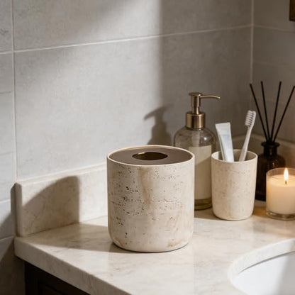 Natural Travertine Textures Mini Trash Can with Rose Gold Stainless Steel Lid, Mini Countertop Trash Can for Bathroom Kitchen, Desk or Table top Mini Garbage Can, Resin Tiny Waste Basket for Vanity - color: Beige Travertine