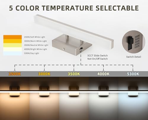 Brushed Nickel Vanity Lights - Dimmable 5CCT Bathroom Lighting Fixtures Over Mirror, Adjustable Angle Wall Light, 15.75" Long 12W LED Bar Light - size: 15.75inch Long