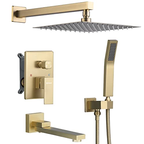 DASAN Tub Shower Faucets Sets Complete Brushed Gold Bathtub Shower System with Tub Spout, Bathtub Faucet Set Tub and Shower Faucet Combo Trim Kit with Rough-in Valve, DA-SS03BG-S10W - color: Brushed Gold