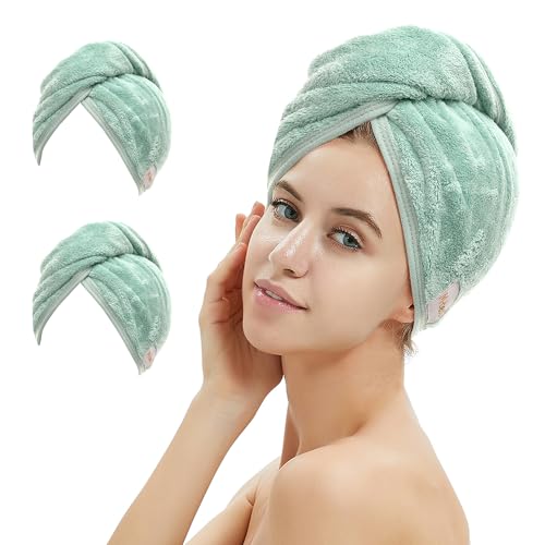 M-bestl 2 Pack Microfiber Hair Towel Wrap,Hair Drying Towel with Button, Hair Towel Turban,Head Towel to Dry Hair Quickly (Green&Green) - color: Green&green