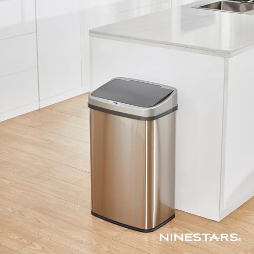 Ninestars DZT-50-28BR Automatic Touchless Motion Sensor Rectangular Trash Can, Black Top, 13 Gal. 49 L., Brush - color: Silver & Black