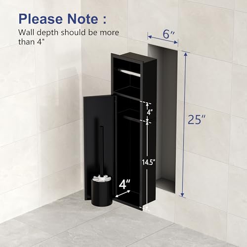 Qeke in Wall Toilet Brush Holder w/Cabinet, Black, 4" Depth | 304 Stainless Steel Rustproof Recessed Toilet Brush Holder, Tissue Paper Holder w/ Toilet Brush for Bathroom - color: Matte Black