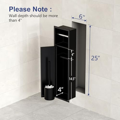 Qeke in Wall Toilet Brush Holder w/Cabinet, Black, 4" Depth | 304 Stainless Steel Rustproof Recessed Toilet Brush Holder, Tissue Paper Holder w/ Toilet Brush for Bathroom - color: Matte Black