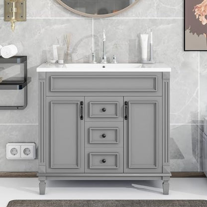 Merax 36" Bathroom Vanity with Sink, 2 Doors & 2 Drawers Storage Cabinet | Freestanding Single Bathroom Sink Vanity Cabinet Set with 36" Ceramic Sink (Sink Cabinet Only, Gray) - color: Grey, style: Sink Cabinet Only