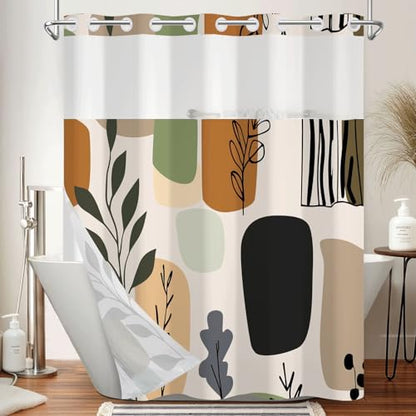 Boho No Hook Shower Curtain with Snap in Liner Set, 71x74 Inch | Double layer Waterproof Bath Curtain with Mesh Top, Abstract Botanical Leaf & Geometric Print for Mid-Century Modern Bathroom - color: Boho-1