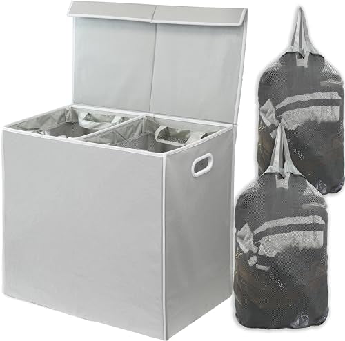 Simple Houseware Double Laundry Hamper with Lid & Removable Bags, Grey | Heavy Duty 600D Polyester, Water-Resistant Surface - color: Grey