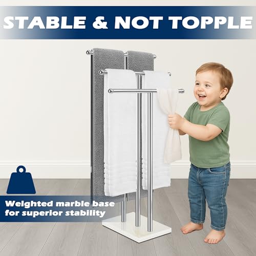 Standing Towel Rack with Marble Base, 3-Tier Free Standing Towel Racks for Bathroom, 40" Height Floor Towel Stand Holder for Bathroom, White - color: White