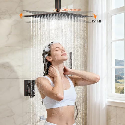Oil Rubbed Bronze Shower System with Tub Spout, Ceiling Mounted Bathtub Shower Faucet Set, 12" Rainfall Shower Head and Handheld Shower Combo, High Pressure Shower Fixtures Set with Rough-in Valve - color: Oil Rubbed Bronze, style: 12" Ceiling Mounted Sho