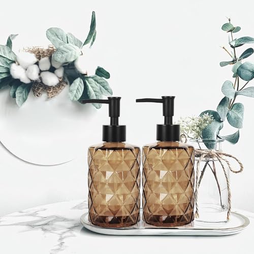 Dark Brown Glass Soap Dispenser with Pump, 12oz Diamond Design Hand Soap Dispenser, Refillable Lotion Dispenser & Dish Dispenser, Bathroom Dispenser for Dishwashing Liquid, Shower Gel - color: Diamond Amber
