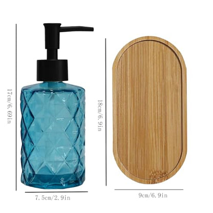 12oz Blue Glass Hand and Dish Soap Dispenser Set, Diamond Design, Set of 2 | Bathroom Soap Dispenser with Plastic Pumps, Bamboo Tray for Hand Wash & Dish Wash, for Bathroom Kitchen Countertop - color: Blue