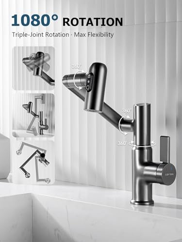 Rotatable Bathroom Faucet with Temperature Display in Fahrenheit (Batteries-Free), 3 Water Modes, Dark Grey, BF2204-2 - color: Gray
