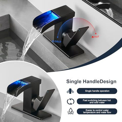 LED Waterfall Bathroom Faucet Bathroom Sink Faucet Vanity Faucets | Matte Black Single Hole 3 Colors Light Changing Single Handle Stainless Steel with cUPC Supply Lines