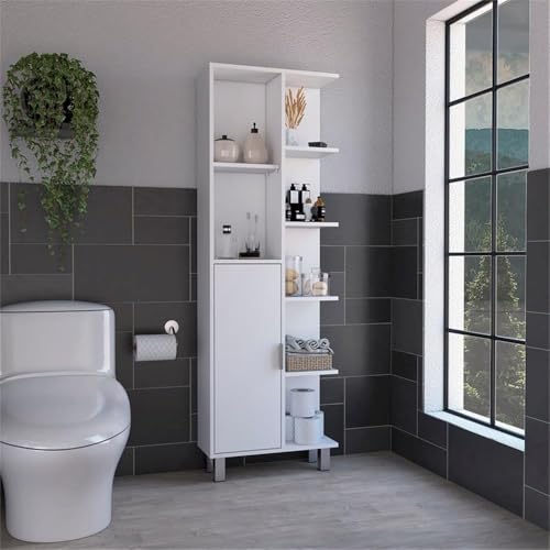Tuhome Crovie Tall Linen Cabinet, 63-Inch Bathroom Linen Storage Tower with 7 Open Shelves, Slim 8.3-Inch Depth Linen Organizer in White, Engineered Wood with Melamine Finish