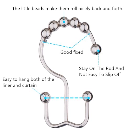 DAWNER Shower Curtain Hooks, Rust Proof Metal Easy Glide Double Rings, Stainless Steel Hangers for Bathroom Curtains, Set of 12, Brushed Nickel - color: Brushed Nickel