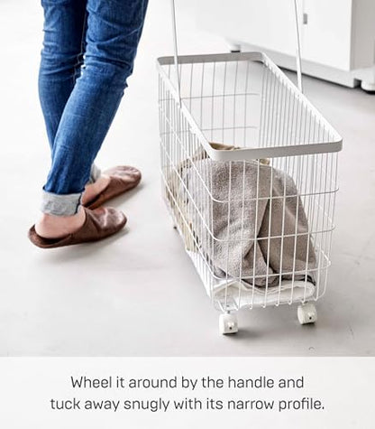 Yamazaki Home Rolling Laundry Basket, Short, Wheeled Hamper, Steel, White | Small metal laundry hamper cart features smooth-rolling wheels and a convenient built-in handle. Suits modern home storage. - color: White