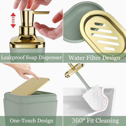XLHOMO Sage Green Bathroom Set - 24PC Bathroom Sets with Shower Curtain and Rugs, Sage Green Bathroom Accessories Set with Press-on Lid Bathroom Trash Can, Soap Dispenser - color: Sage Green and Gold, size: Press-lid Complete Set+Bath Rugs