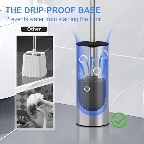 04 Stainless Steel Toilet Bowl Cleaner Brush and Holder Set | Brushed Bathroom Toilet Brush, Floor-Standing Circular Base, Long Handle, Heavy-Duty with 2 Brush Heads - color: H-brushed