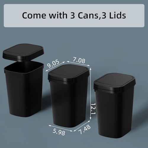 KSSKSS 3 Pack Bathroom Small Trash Can with Lid, 2.6 Gallon Slim Garbage Bin with Pop-Up Lid, 10L Plastic Wastebasket for Bedroom, Office, Kitchen, Toilet (Matte Black) - color: Black-included Trash bags