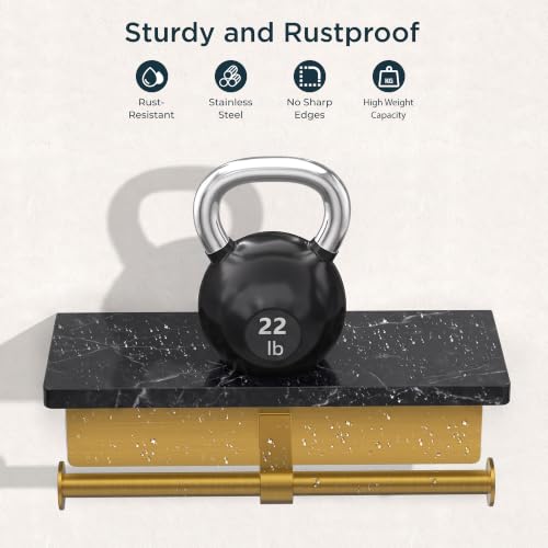 FORIOUS Toilet Paper Holder with Shelf, Commercial Toilet Paper Dispensers | Brushed Gold | Wall Mount Bathroom Tissue Holder | SUS304 Stainless Steel Rustproof | Double Tissue Roll Holder - color: Gold-marble