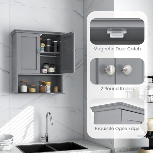 Bathroom Wall Cabinet, Over the Toilet Storage Cabinet with 2 Doors, 3 Heights Adjustable Shelf & Open Shelf, Wooden Hanging Medicine Cabinet for Bathroom, Kitchen, Living & Laundry Room, Gray - color: Grey