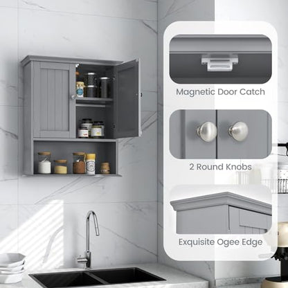 Bathroom Wall Cabinet, Over the Toilet Storage Cabinet with 2 Doors, 3 Heights Adjustable Shelf & Open Shelf, Wooden Hanging Medicine Cabinet for Bathroom, Kitchen, Living & Laundry Room, Gray - color: Grey