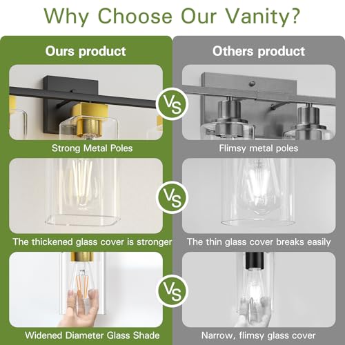 Black and Brushed Gold Bathroom Vanity Light, 3-Light Vanity Lighting fixtures Over Mirror, Square Design & UL Certification, Wall Sconces with Clear Glass Shades, E26 Socket (Bulbs Not Included) - color: Black and Brushed Gold, size: 3 Light