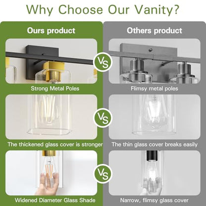 Black and Brushed Gold Bathroom Vanity Light, 3-Light Vanity Lighting fixtures Over Mirror, Square Design & UL Certification, Wall Sconces with Clear Glass Shades, E26 Socket (Bulbs Not Included) - color: Black and Brushed Gold, size: 3 Light