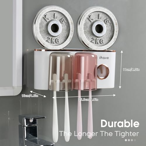 iHave Toothbrush Holders for Bathrooms Wall Mounted with Dispenser & 2 Cups | 6 Slots Wall Mount Toothbrush Holders for Bathrooms with Squeeze Toothpaste Dispenser, 2 Cups & 2 Compartments Organizer - color: White 2 Cups