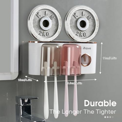 iHave Toothbrush Holders for Bathrooms Wall Mounted with Dispenser & 2 Cups | 6 Slots Wall Mount Toothbrush Holders for Bathrooms with Squeeze Toothpaste Dispenser, 2 Cups & 2 Compartments Organizer - color: White 2 Cups