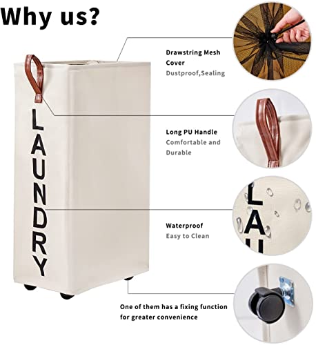 70L Large Rolling Laundry Hamper - Tall Narrow Basket With Wheels, Slim Clothes Bin, 27.5" Beige - color: Beige/L, size: Slim Pro 27.5"