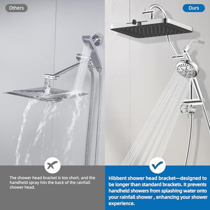 Hibbent cUPC Certified High Pressue 13'' Rainfall Shower Head with 5-Spray | Shower Heads with Handheld 10-Spray Combo, All Metal Easy Reach 4-way Diverter Extension Arm, 71'' Hose & Holder, Chrome - color: Chrome, style: Square 13"