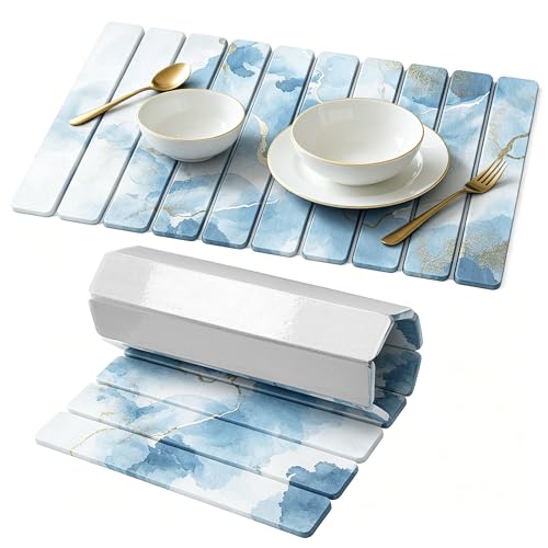 Stone Drying Mat for Kitchen Counter, Quick Diatomaceous Earth Mats for Dishes, 24"L x 16" W Super Absorbent Fast-Drying Collapsible Countertop Stone Mat (Marble White Blue, 24" x 16") - color: Marble White Blue