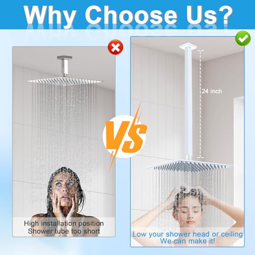 Shower Arm with Flange 24 Inches Ceiling Mount Square Straight Extender Extension Pipe Replacement, Extra Long Shower Arm For Fixed Rain Shower Head or High Ceiling, NPT 1/2 to G1/2, Chrome - color: Chrome, style: 24inch