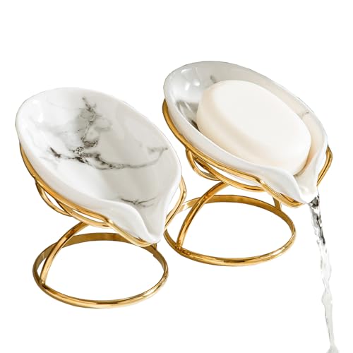 Dobbyby Leaf-Shaped Soap Dish – Ceramic Soap Bar Holder with Self-Drainage System – Bar Soap Holder for Shower, Bathroom Sink, Kitchen – Soap Dish with Stainless Steel Stand (White-Gold-2 Pack) - color: White-gold-2 Pack