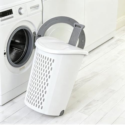 2-Bushel Rolling Plastic Laundry Basket with Wheels & Lid, White | Heavy-duty build, retractable pull handle, ideal for dorm rooms & apartment laundry storage