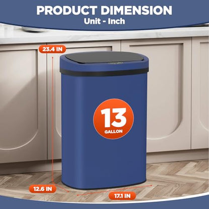 PayLessHere | 13 Gallon Stainless Steel Trash Can | Deep Blue | Automatic Touchless Lid with Motion Sensor | Kitchen Garbage Can with Waterproof Design | for Home, Office, Bathroom | Pack of 1 - color: Deep Blue Stainless Steel