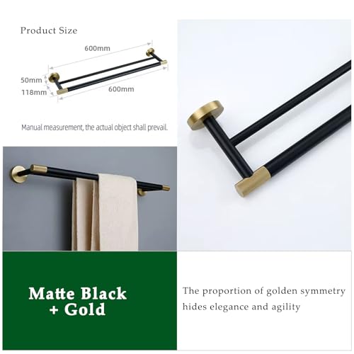 24 Inch Black and Gold Double Towel Bar, Rust-Resistant 304 Stainless Steel with Solid Brass Knurled Accents, Wall-Mounted for Bathroom & Shower - color: Black and Gold
