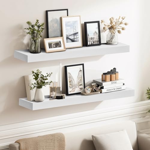Solid Wood Floating Shelves, 24 Inch Wall Shelves, Set of 2, White | 8 Inch Deep, 1.6 Inch Thick, Extra-Wide Display Space, Mounting Hardware Included, For Kitchen, Bathroom and Living Room - color: White, size: 24x8x1.6