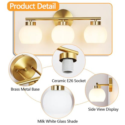 3 Light Bathroom Vanity Light, 20" Brushed Gold Bathroom Light Fixtures Over Mirror with Milky White Glass Globe Shade, Mid Century Modern Brass Wall Sconces, E26 Socket - color: Gold & Milky White Glass, size: 3-Light