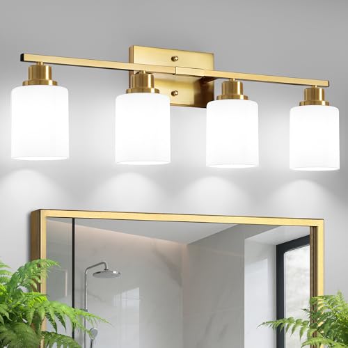 Ascher Bathroom Light Fixtures, 4-Light Vanity Light Over Mirror, Gold Wall Sconces with Milky White Frosted Glass Shades, Wall Lamp for Living Room Bedroom, E26 Base(Bulbs Not Included) - color: Gold, size: 4-Light