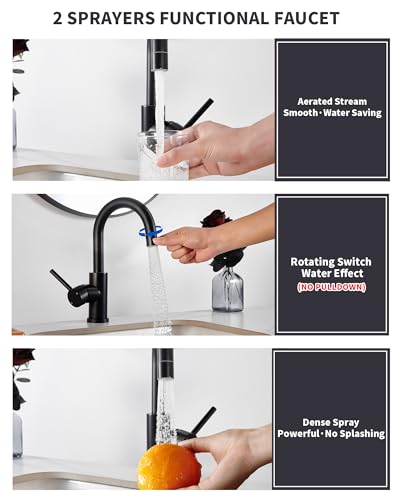 Tohlar Black Bathroom Faucet with 2 Mode Sprayer | Single Hole Bar Sink Faucet, 360° Swivel, with Pop Up Drain, for Vanity RV Laundry - color: Matte Black
