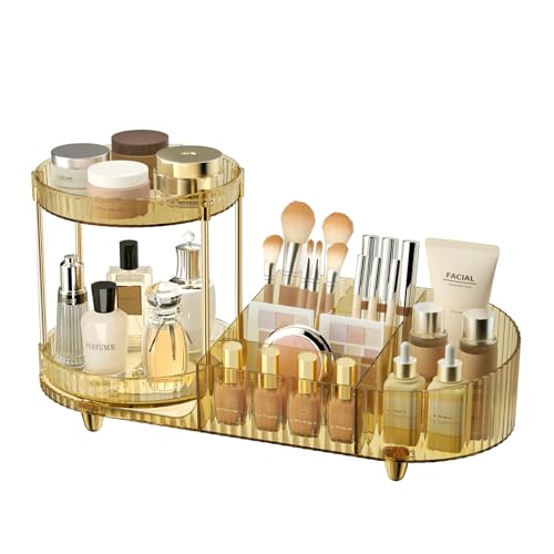 Rotating Makeup Organizer for Vanity, 2 Perfume Trays with 5 Compartments Cosmetic & Skincare Storage, Space Saving Beauty Organizers, Multi-Purpose Countertop Organizers for Bathroom, Desktop, Pantry - color: Amber Gold