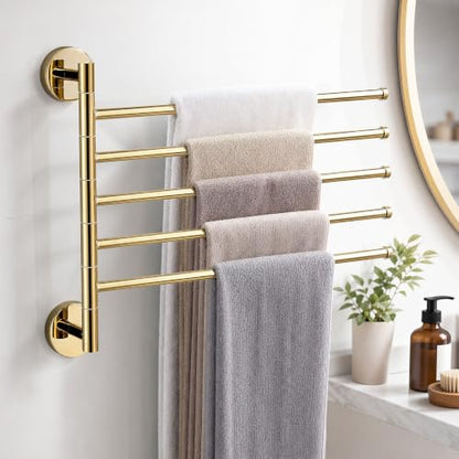 Solid Brass Swivel Towel Bar, Brushed Gold Bathroom Towel Rack, No Drill Adhesive Wall Mounted Rail Hanger, Space Saving Multi Arm Holder for Kitchen Restroom(Gold,27.5cm) - color: Gold, size: 27.5cm