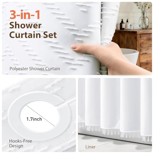 White Hook Free Chevron Shower Curtain & Fabric Liner,72x87 | Less Time to install, 3 in 1 Fabric Shower Curtain and Liner Set with Magnets, Extra Long, Shower Curtains for Bathroom - color: A White, size: 72"W x 87"L (Pack of 1)
