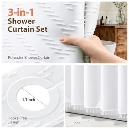 White Hook Free Chevron Shower Curtain & Fabric Liner,72x87 | Less Time to install, 3 in 1 Fabric Shower Curtain and Liner Set with Magnets, Extra Long, Shower Curtains for Bathroom - color: A White, size: 72"W x 87"L (Pack of 1)