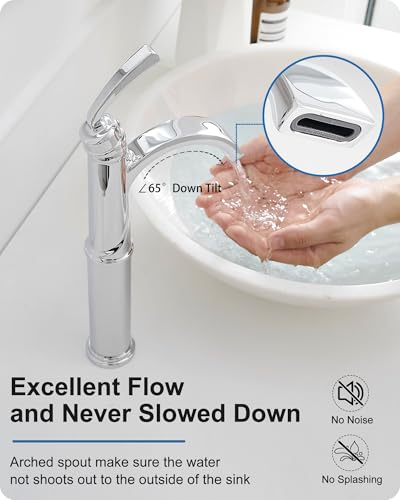 Tall Waterfall Bathroom Faucet Chrome, Single Handle Brass Vessel Faucet, Tall Faucet for Bathroom Sink, Bathroom Vanity Faucets 1 Hole with Pop up Drain Water Lines - color: Chrome