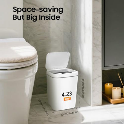 Touchless Trash Can 4 Gallon, Motion Sensor Automatic Trash Can with LED Light, IPX5 Waterproof Smart Waste Bin for Kitchen Bathroom Bedroom, White Rectangular Garbage Can, 8.66x7.87Inch