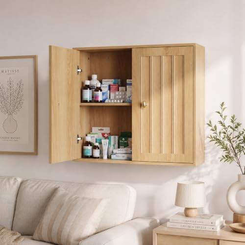 Semiocthome Wall Mounted Bathroom Cabinet with Vertical Grooved Doors, Oak | Wooden Medicine Cabinet with Adjustable Interior Shelf, Versatile Utility Storage for Bathrooms, Living Rooms and Kitchens